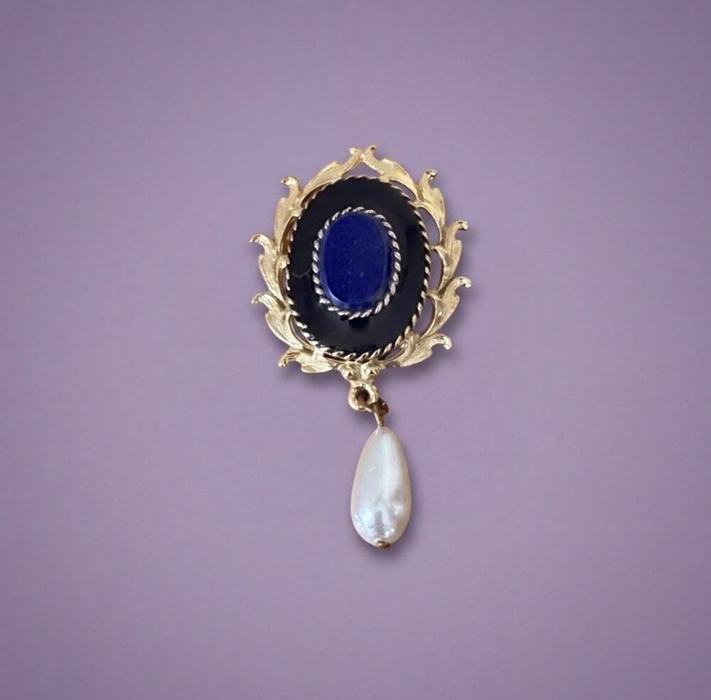Vintage Victorian Revival Faux Onyx Pearl Drop Brooch Gold Tone Filigree Pin
